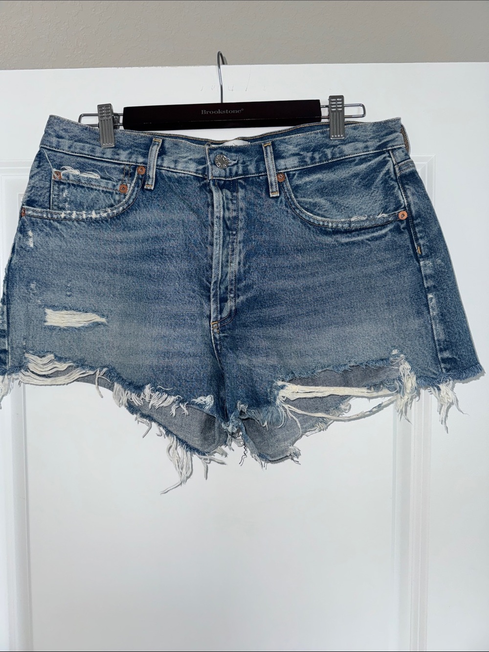 Agolde Distressed Blue Denim Cutoff Shorts